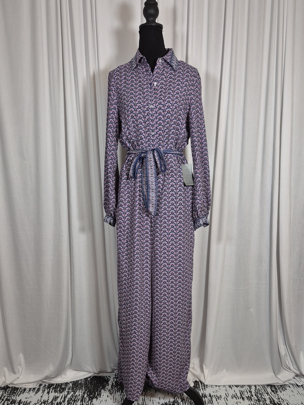 Max Studio Navy & Pink Printed Long-Sleeve Tie-Waist Jumpsuit Sold At Nordstrom